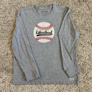 Life Is Good Baseball Graphic Long Sleeve Tee Gray Shirt Men's Large